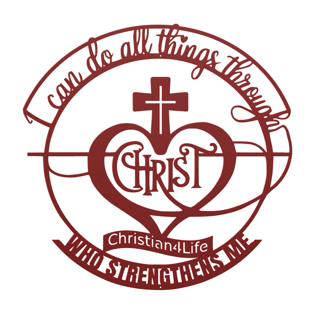 "I can do all things through Christ who strengthens me" Christian die-cut sign, Christian Metal Wall Art - Christian Steel Wall Decor (red and silver)