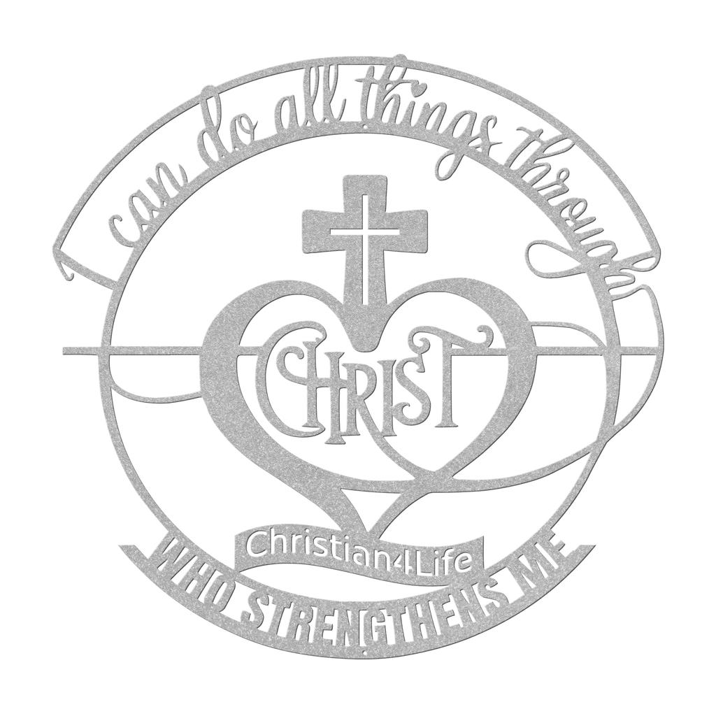 "I can do all things through Christ who strengthens me" Christian die-cut sign, Christian Metal Wall Art - Christian Steel Wall Decor (red and silver)