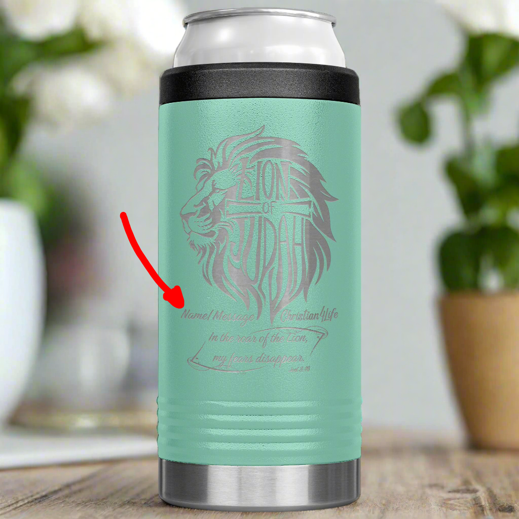 Lion of Judah, Joel 3:16,  Personalized 12oz coozie - stainless steel Insulated Christian Tumbler