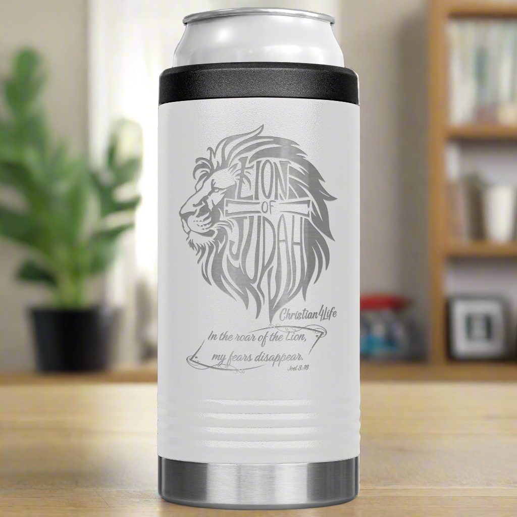 Lion of Judah, Joel 3:16,  Personalized 12oz coozie - stainless steel Insulated Christian Tumbler