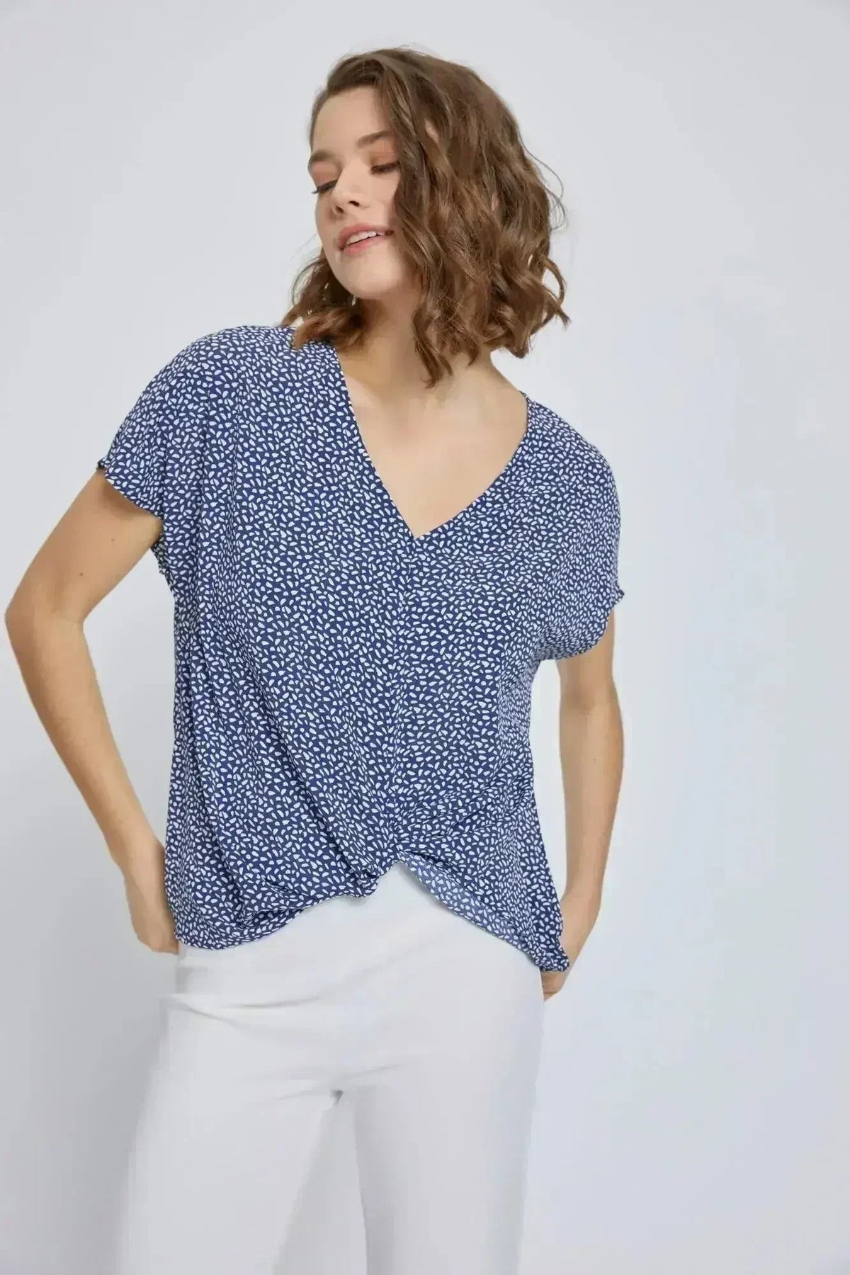 V-Neck Wrap Front Blouse - Knot Detail Short Sleeve Top for Women | Femstylo