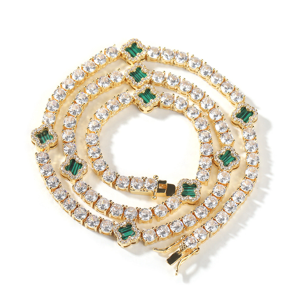 Hip-hop four-leaf clover diamond tennis chain necklace bracelet