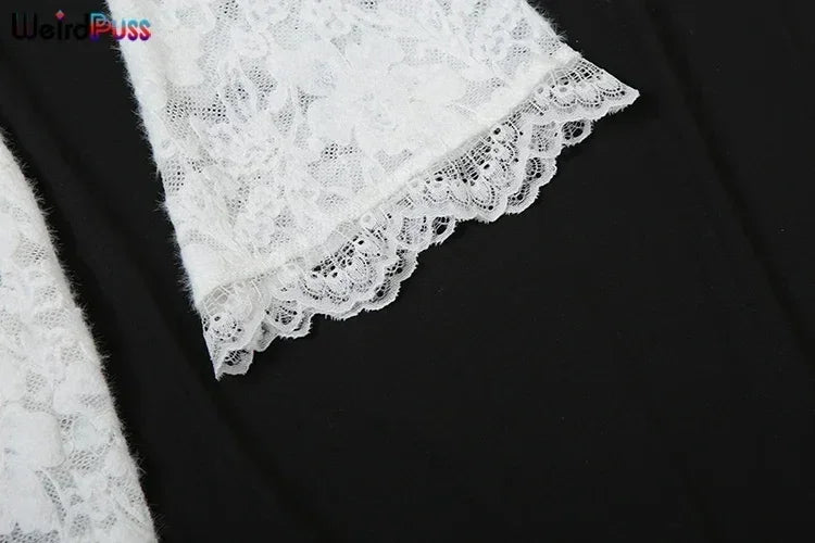 Weird Puss Embroidery Ruffles Dress Women Sexy Deep V-Neck Slits See Through Solid Tassel Petal Cuffs Street Elegance Vestidos