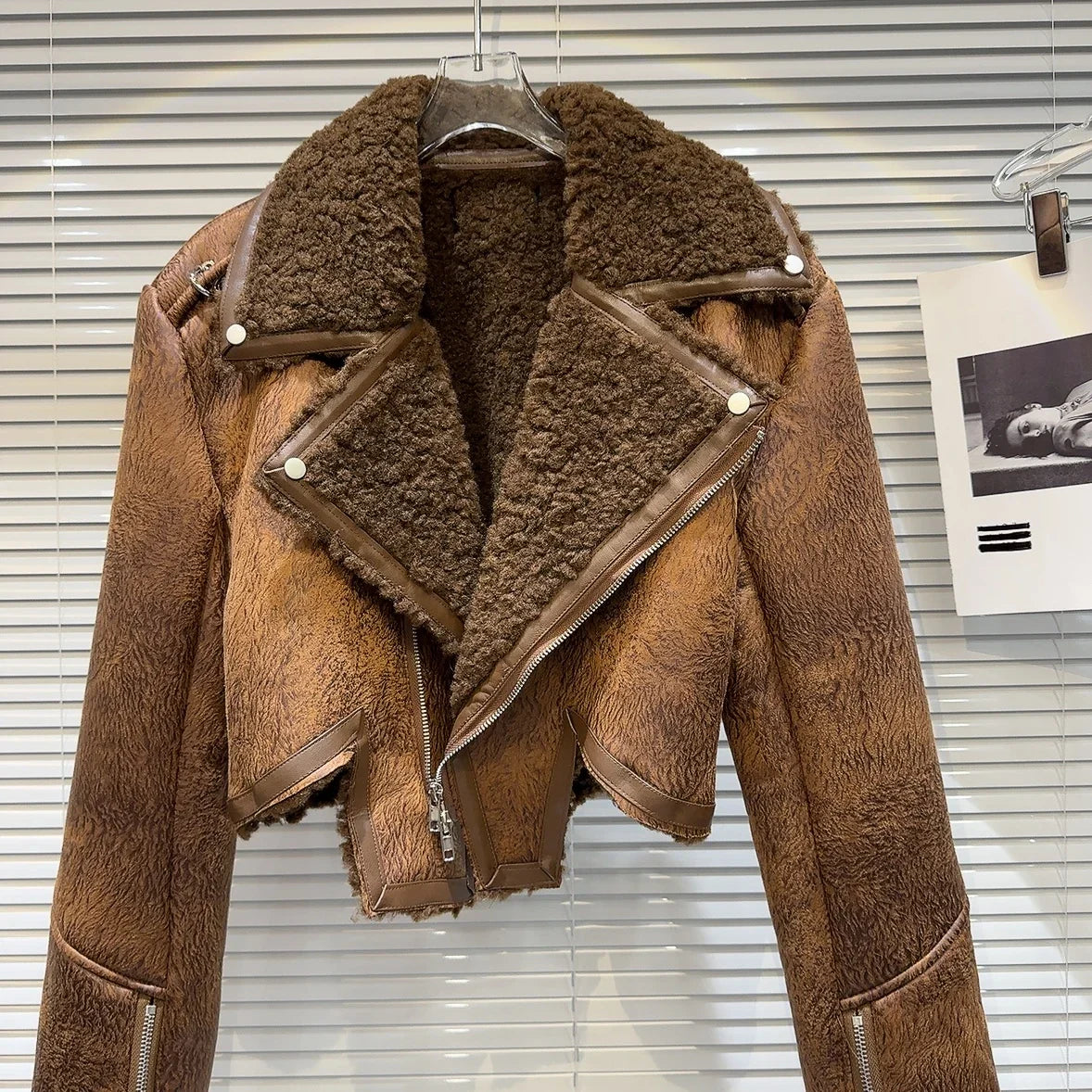 Faux-Leather Shearling Moto Jacket Cropped Winter Biker Coat