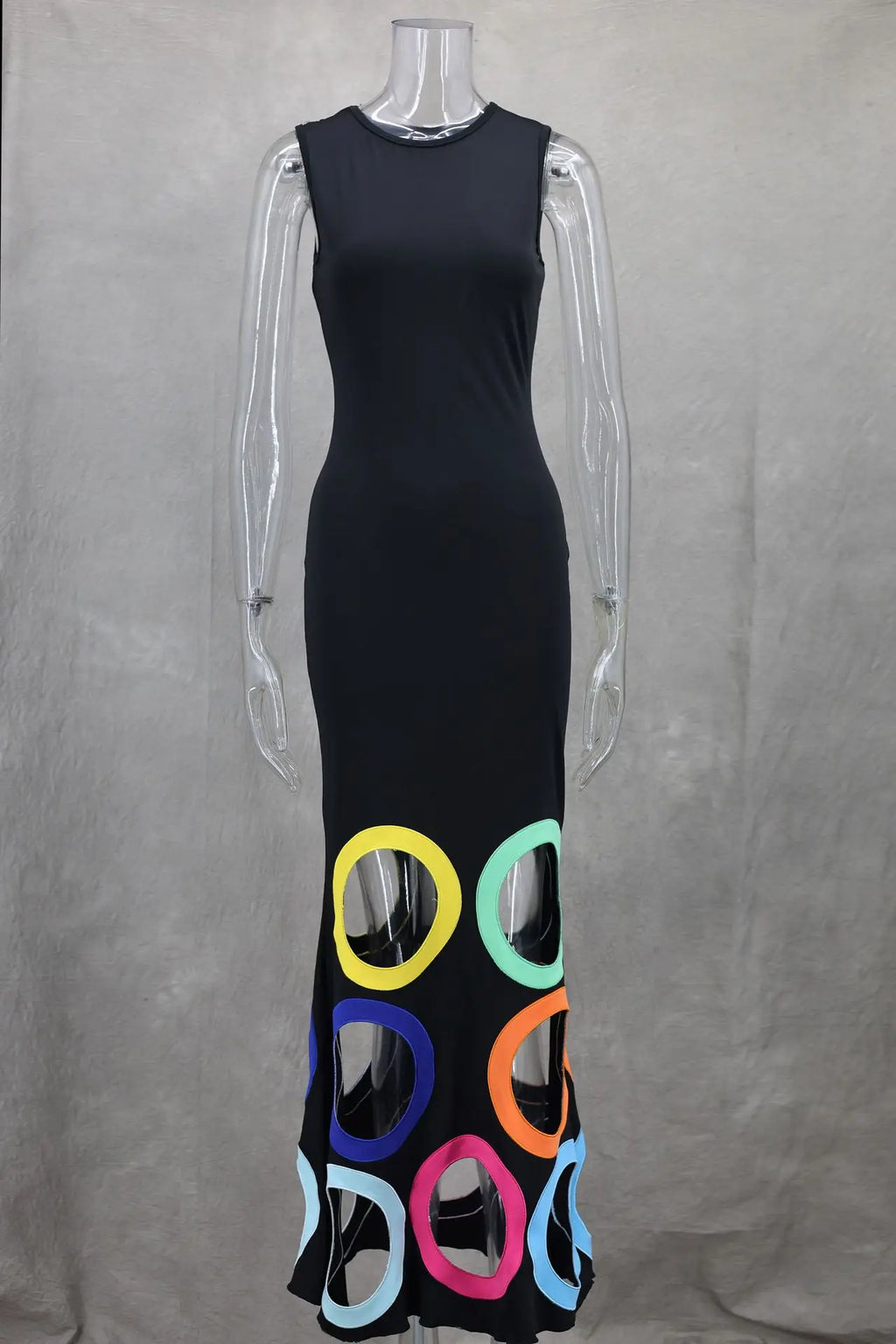 Summer O Neck Sleeveless Patchwork High Waist A Line Party Dresses For Women Black Colorful Hollow Out Maxi Dress