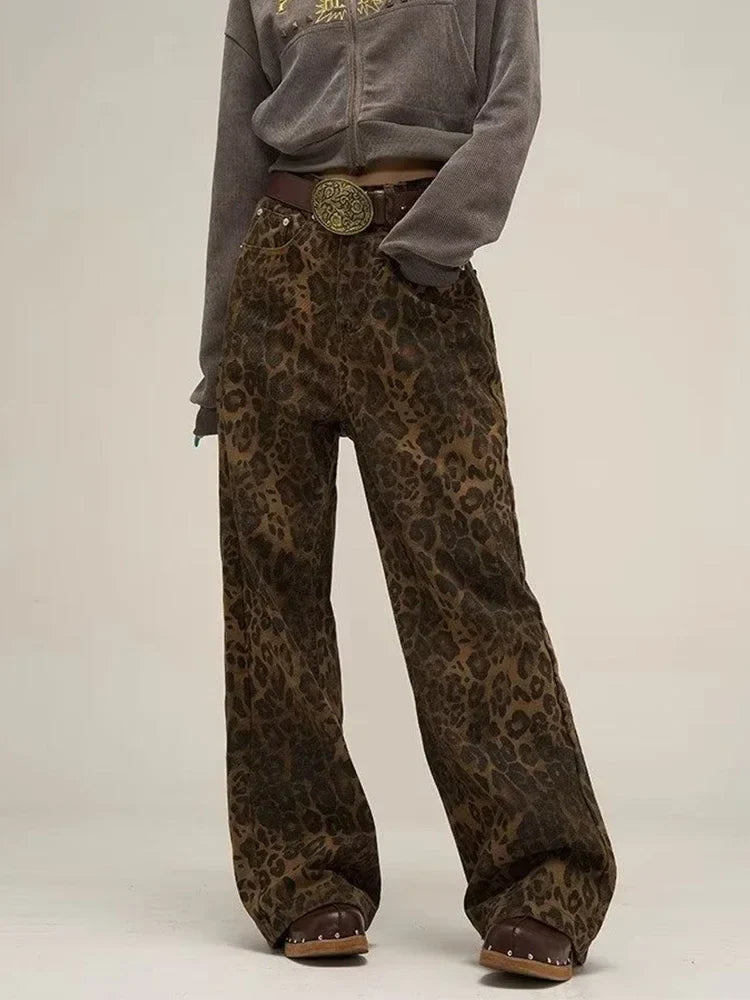 Leopard Print Y2k Jeans Women Oversized Wide Leg Denim Trousers Streetwear