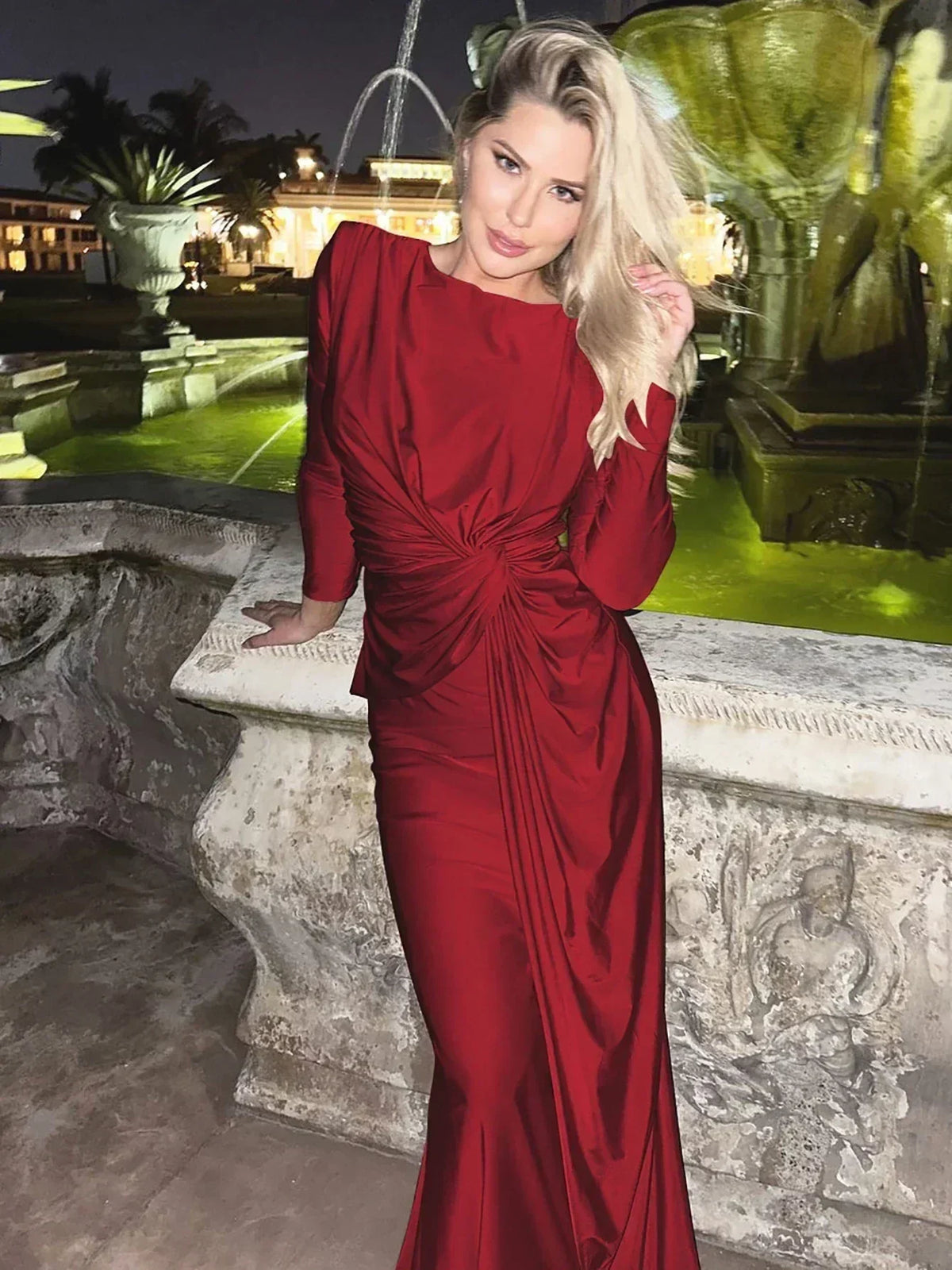 Dulzura Long Sleeves Shoulder Pad Ruched Maxi Dress Solid Elegant Prom Evening Party Long Dress Women’S Autumn Winter Outfit