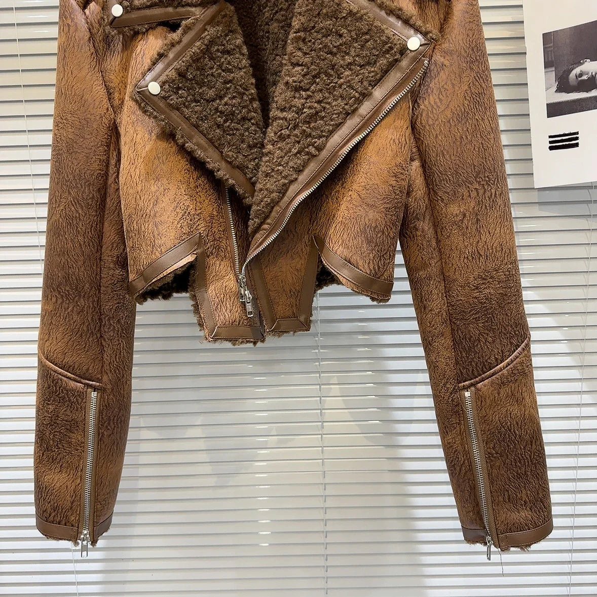 Faux-Leather Shearling Moto Jacket Cropped Winter Biker Coat