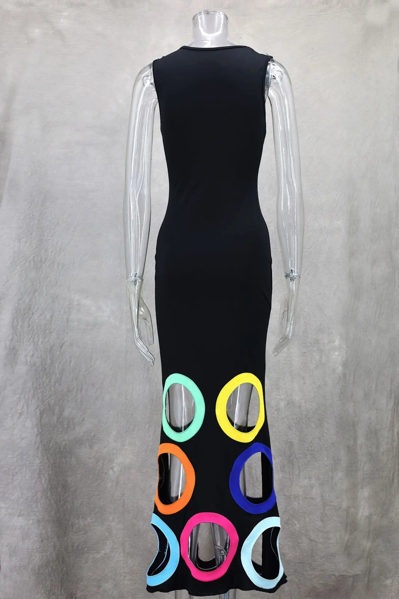 Summer O Neck Sleeveless Patchwork High Waist A Line Party Dresses For Women Black Colorful Hollow Out Maxi Dress