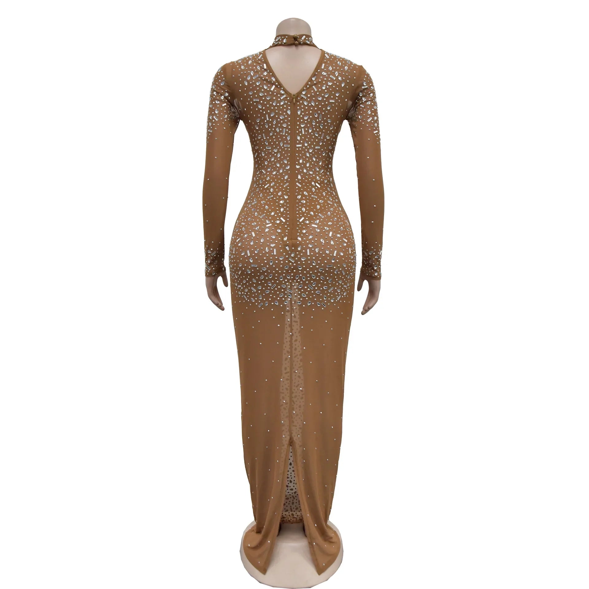 Glam See-Through Mesh Crystal Night Out Dress Birthday Outfits Vestido Women's Silver Rhinestones Long Maxi Dress