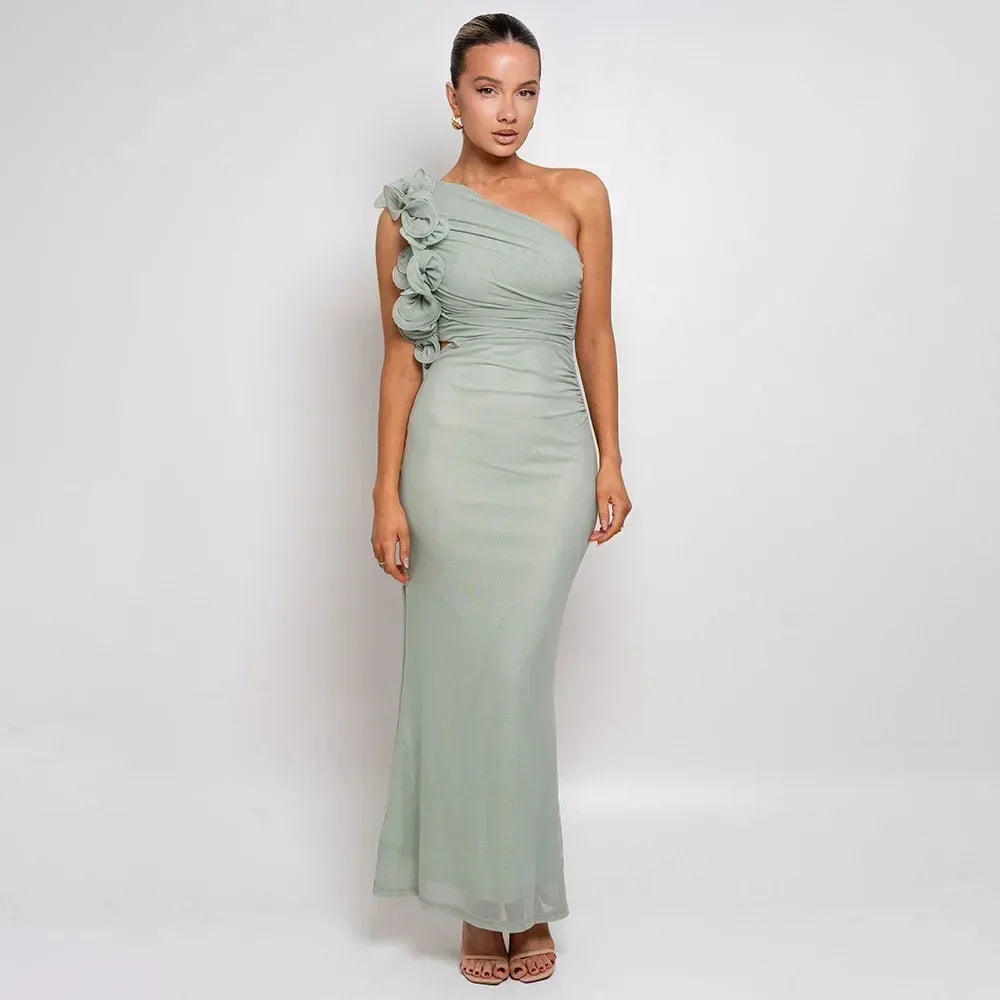 Articat Elegant Sleeveless Slant Shoulder Flower Dress Women Spring/Summer 2025 Sexy Mesh Wrap Hip Dress Party Evening Dress