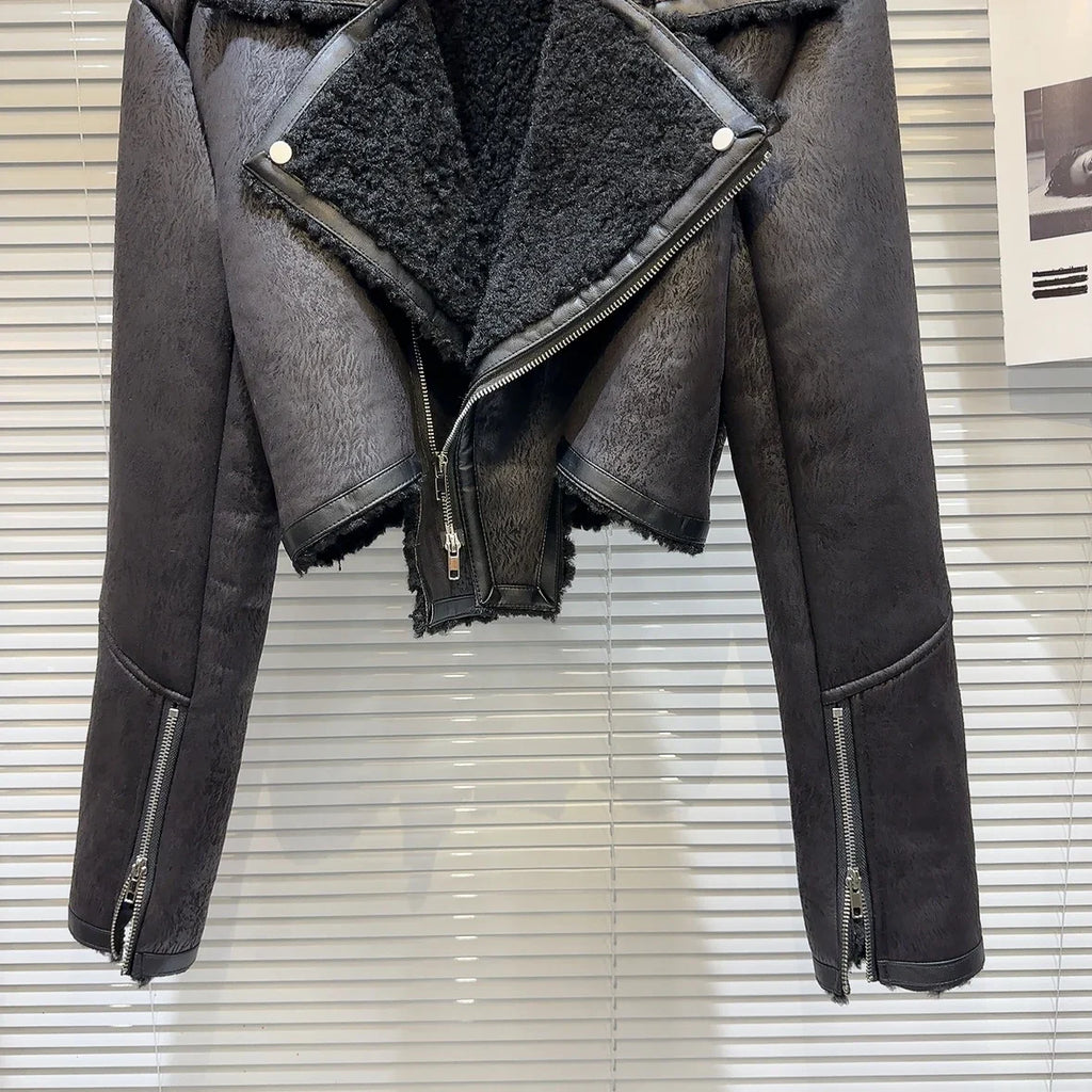 Faux-Leather Shearling Moto Jacket Cropped Winter Biker Coat