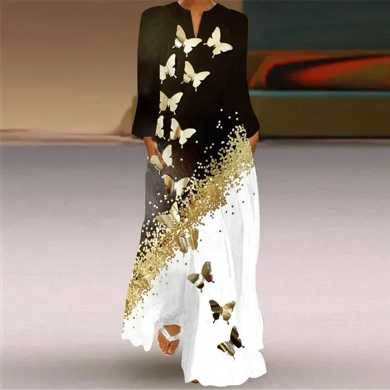 Women's Maxi Dress Printed Retro Fashion y2k vestidos Long Sleeve Loose Robe S-5XL