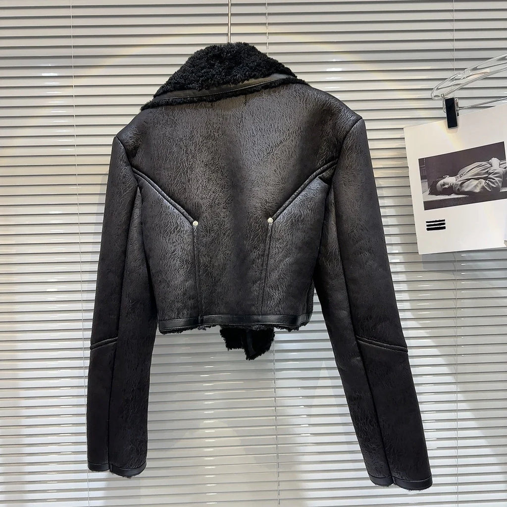 Faux-Leather Shearling Moto Jacket Cropped Winter Biker Coat