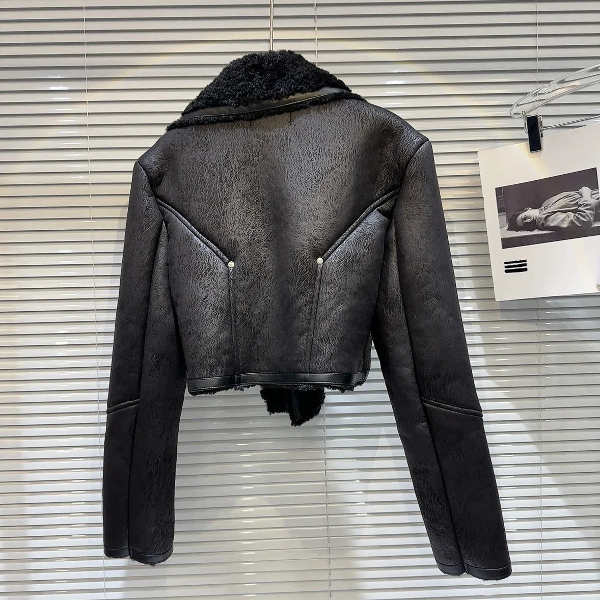 Faux-Leather Shearling Moto Jacket Cropped Winter Biker Coat