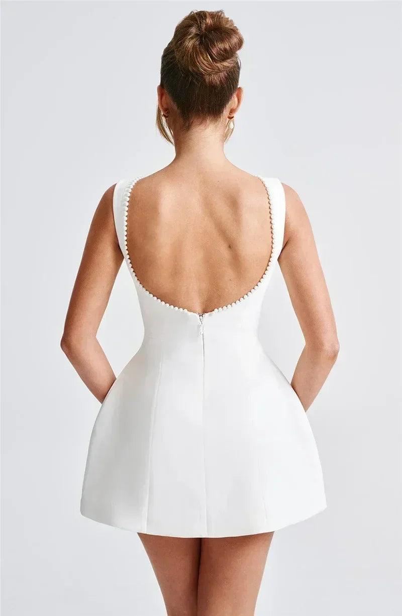 Mozision Pearl Bow Backless Sexy Mini Dress For Women Robe Fashion Zipper Sleeveless High Waist A-line Club Party Dress Elegant