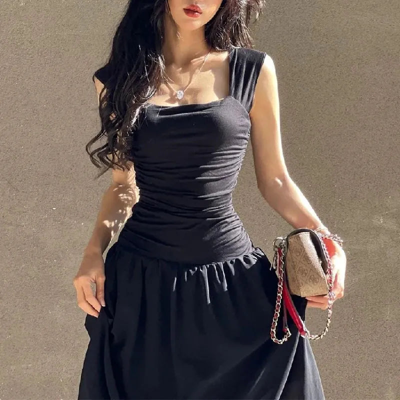 Ruched Bodycon Maxi Dress | Y2K Square Neck Slip Dress -femstylo