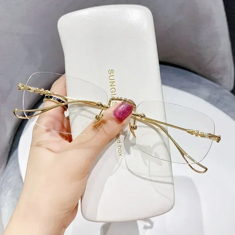 New Fashion Photochromic Myopia Glasses Vintage Rimless Square Women Men Anti Blue Light UV Sunglasses Optical Diopter Eyewear