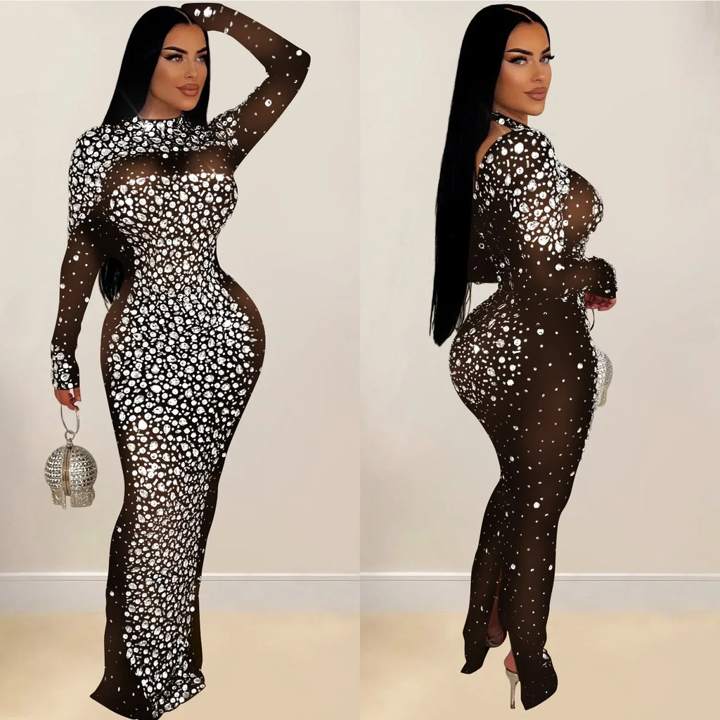 Glam See-Through Mesh Crystal Night Out Dress Birthday Outfits Vestido Women's Silver Rhinestones Long Maxi Dress