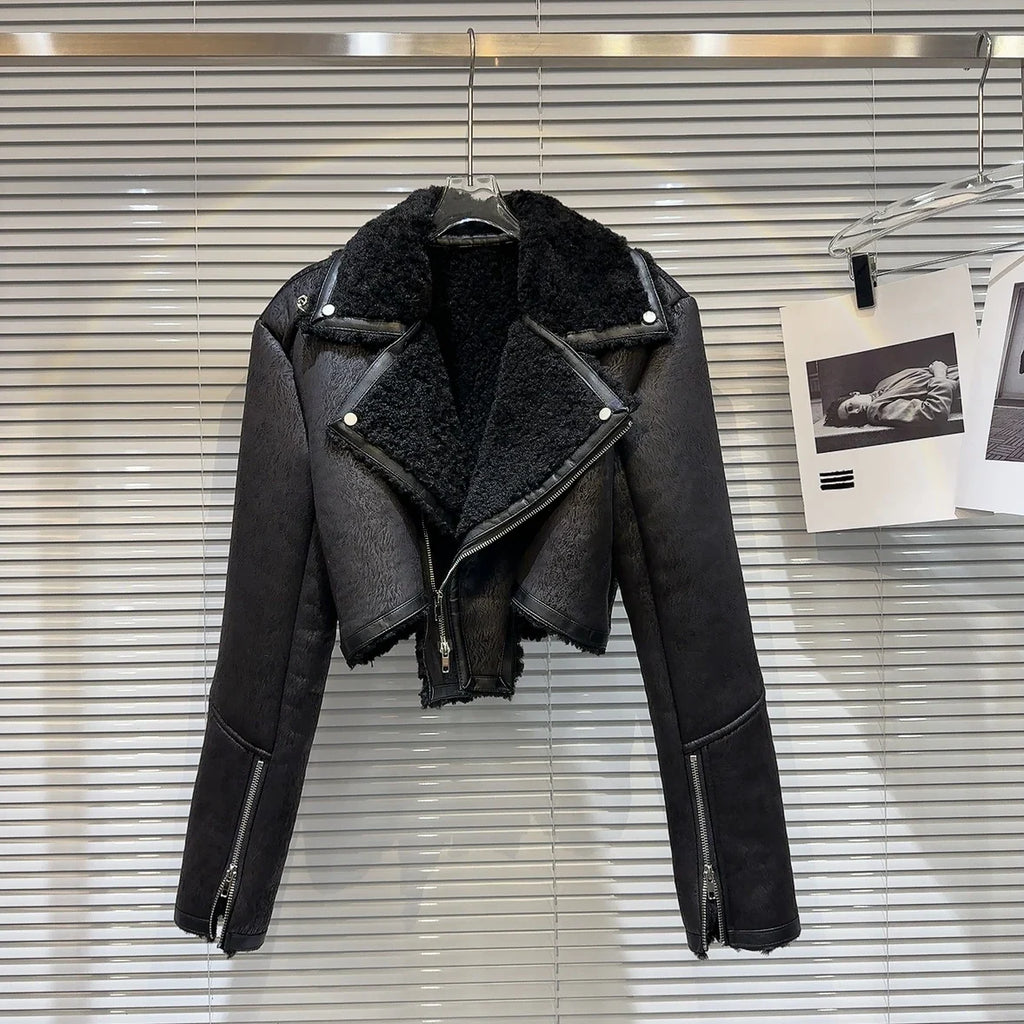 Faux-Leather Shearling Moto Jacket Cropped Winter Biker Coat