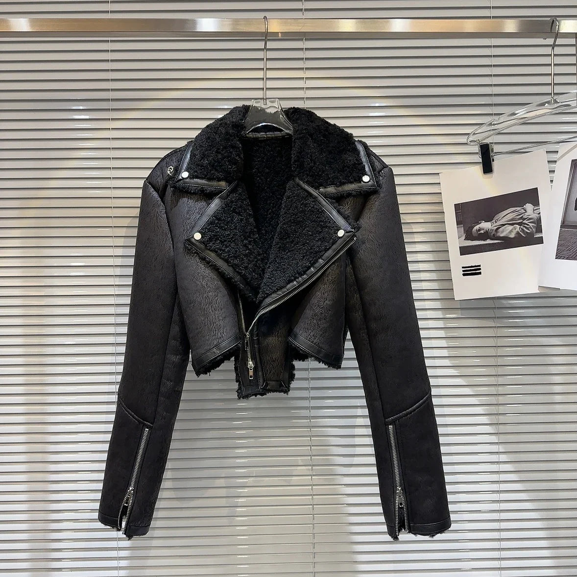 Faux-Leather Shearling Moto Jacket Cropped Winter Biker Coat