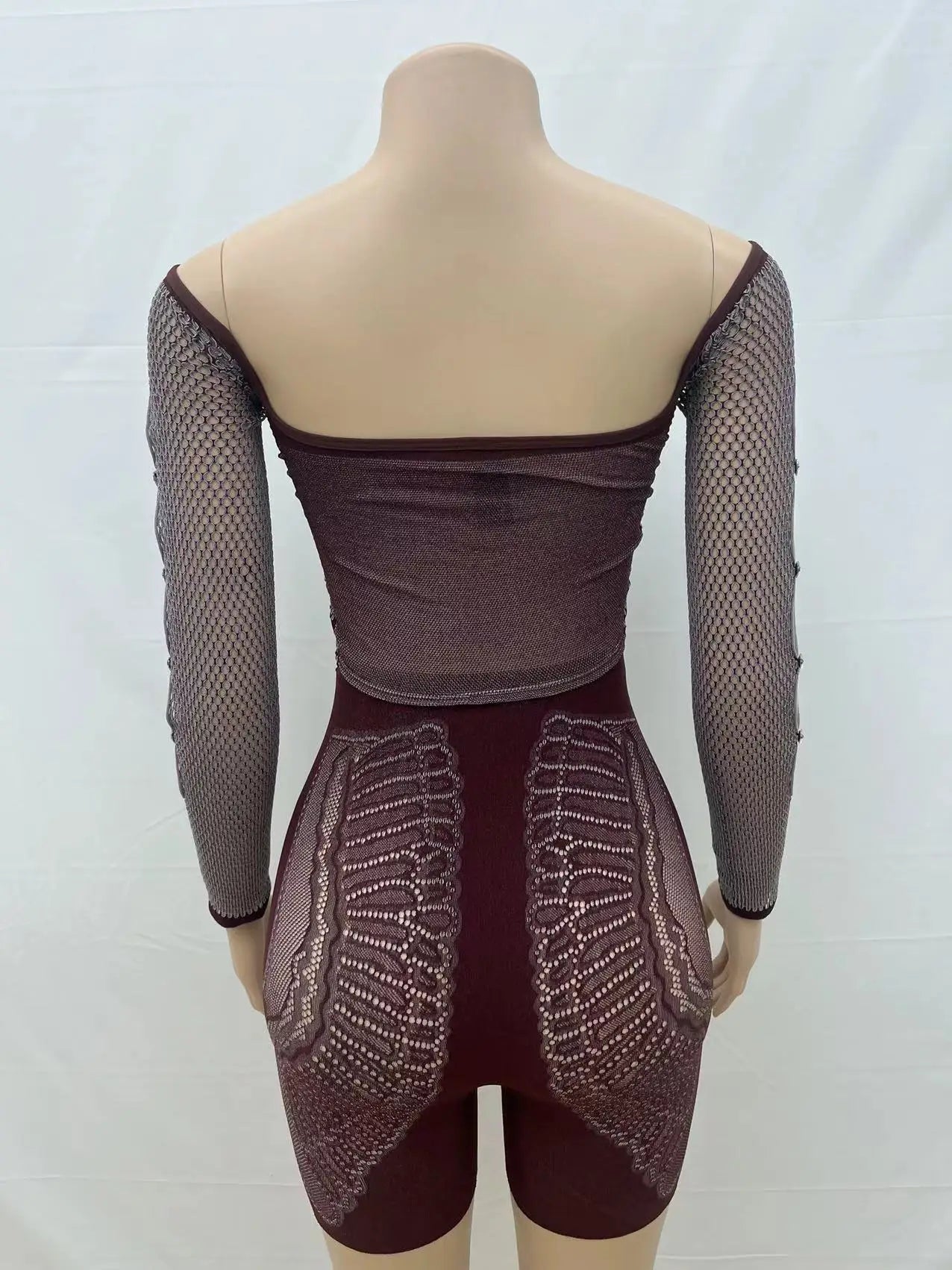 Summer Thin Off SHoulder Full Sleeve Hollow Top+Elastic Matching Shorts Mesh Patchwork 2 Piece Set Sheer New Clubwear