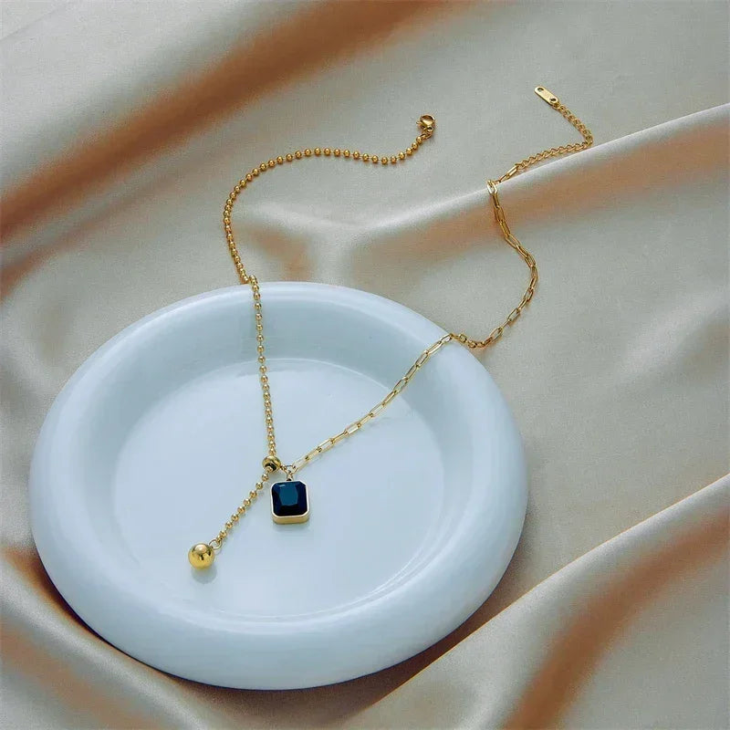 DIEYURO 316L Stainless Steel Zircon Necklace For Women Designer Gold Color Square Bead Pendant Necklaces Girls Body Jewelry Gift