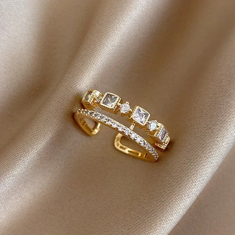 Light Luxury Gold Plated Leaf Opening Ring Exquisite Geometric Beehive Zircon Index Finger Ring Trend Wedding Party Jewelry Gift
