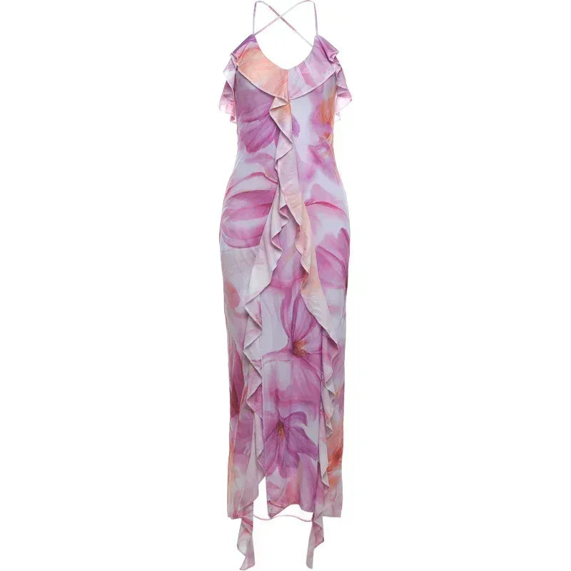 Weird Puss Flower Print Dress Woman Summer Strapless Splits Irregular Tassel Patchwork Backless Bandage Party Skinny Vestidos