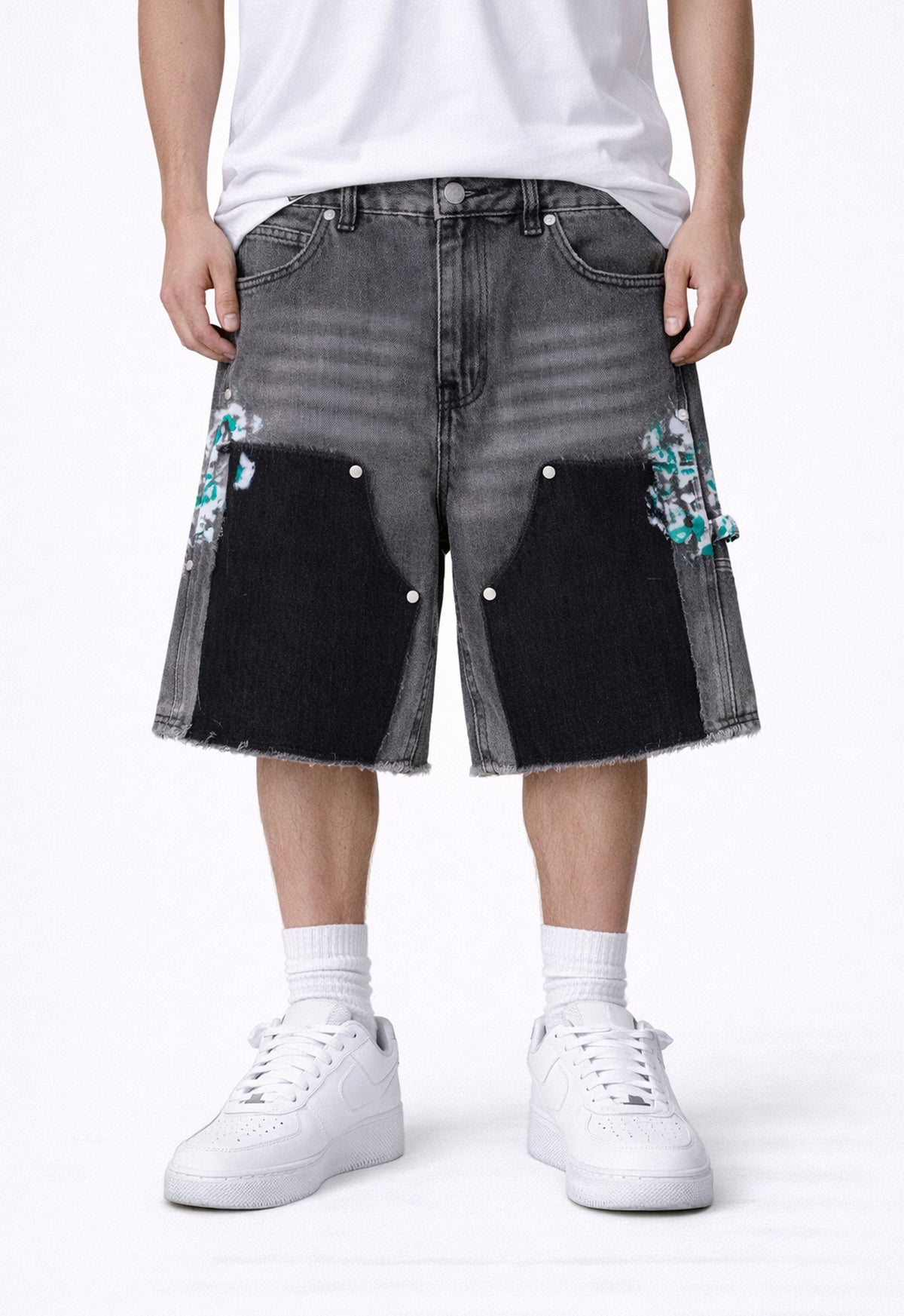 GREY SPLIT PAINTERS SHORTS