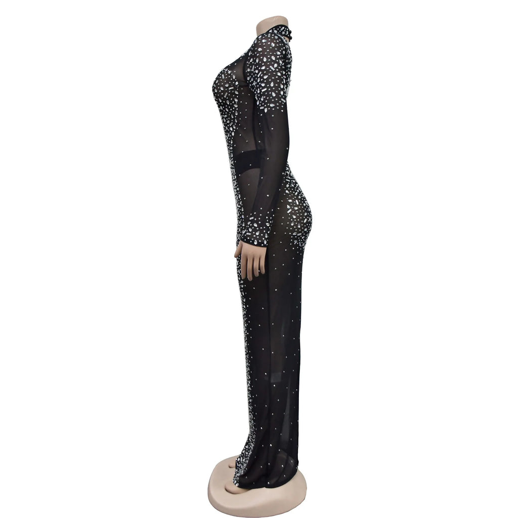 Glam See-Through Mesh Crystal Night Out Dress Birthday Outfits Vestido Women's Silver Rhinestones Long Maxi Dress