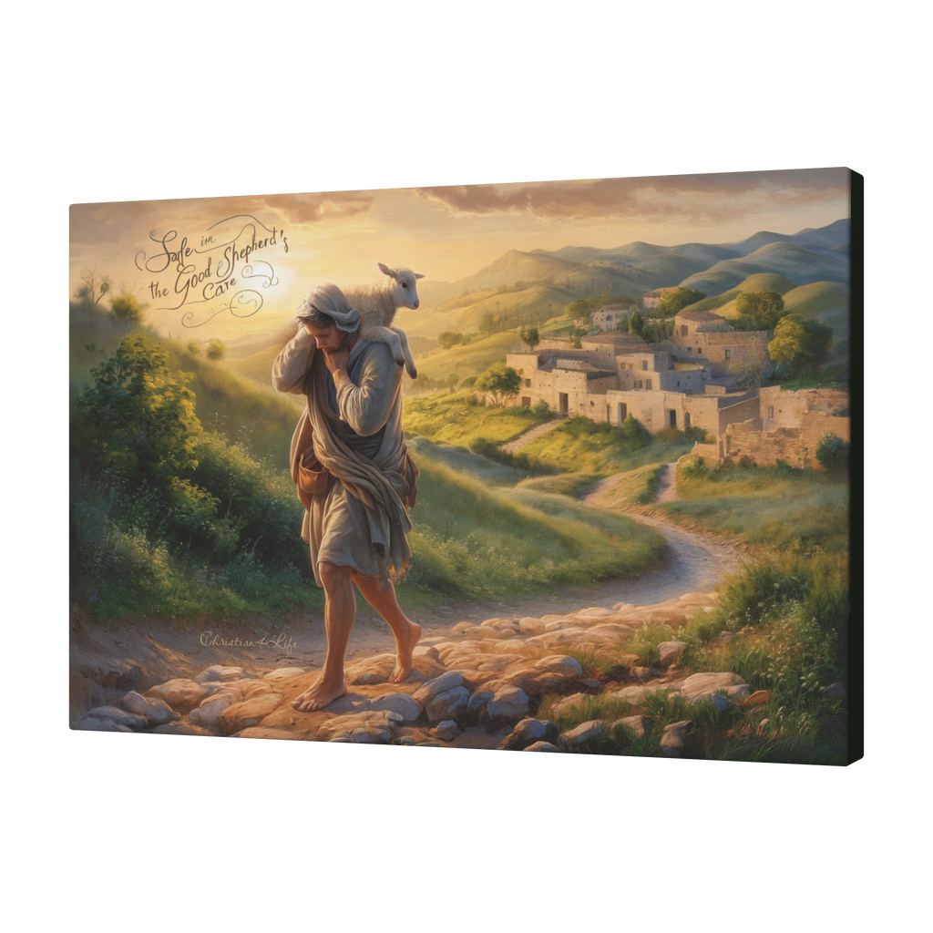 "Safe in the Good Shepherd's care" Gallery Wrapped Christian Wall Art Canvas (3:2)