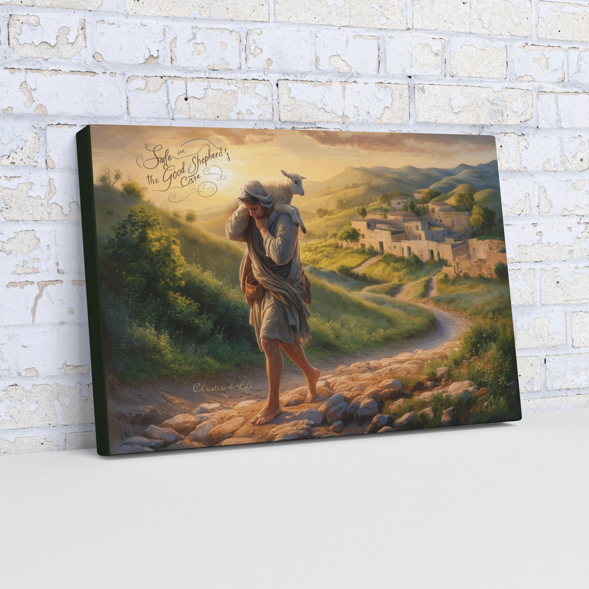 "Safe in the Good Shepherd's care" Gallery Wrapped Christian Wall Art Canvas (3:2)