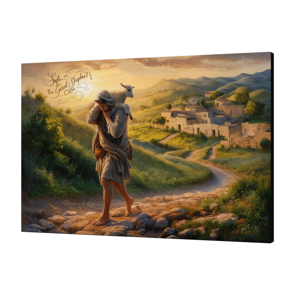 "Safe in the Good Shepherd's care" Gallery Wrapped Christian Wall Art Canvas (3:2)