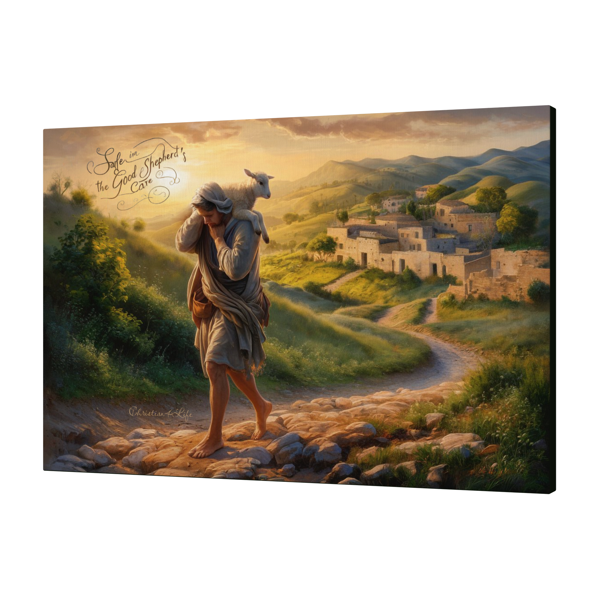 "Safe in the Good Shepherd's care" Gallery Wrapped Christian Wall Art Canvas (3:2)