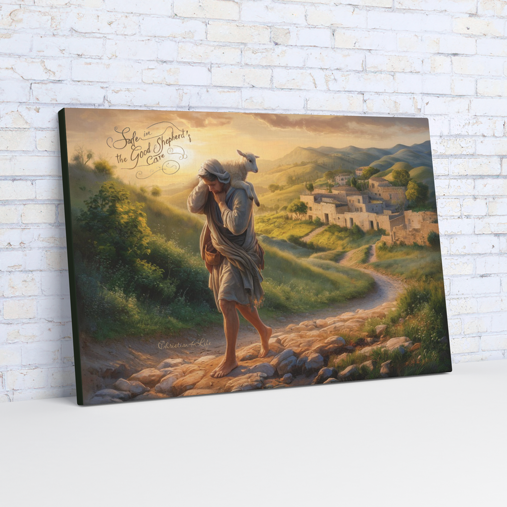 "Safe in the Good Shepherd's care" Gallery Wrapped Christian Wall Art Canvas (3:2)