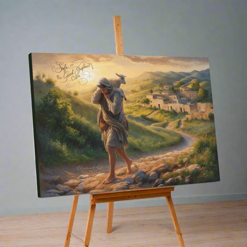 "Safe in the Good Shepherd's care" Gallery Wrapped Christian Wall Art Canvas (3:2)
