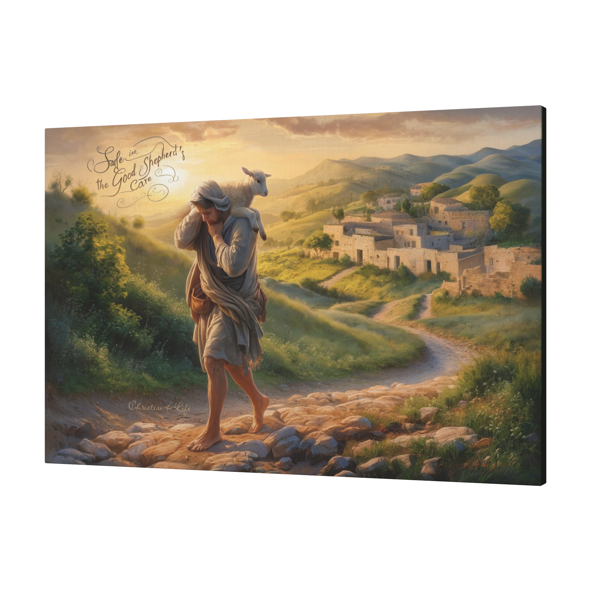 "Safe in the Good Shepherd's care" Gallery Wrapped Christian Wall Art Canvas (3:2)
