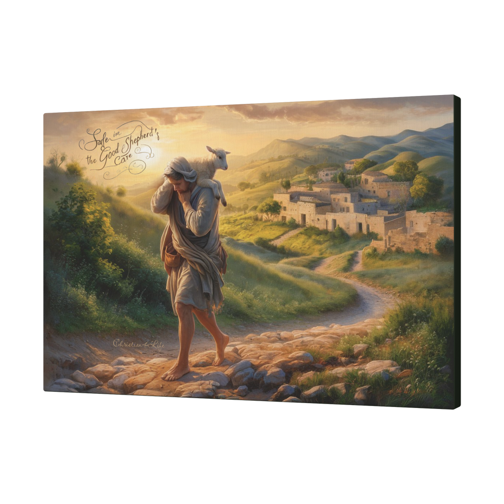 "Safe in the Good Shepherd's care" Gallery Wrapped Christian Wall Art Canvas (3:2)