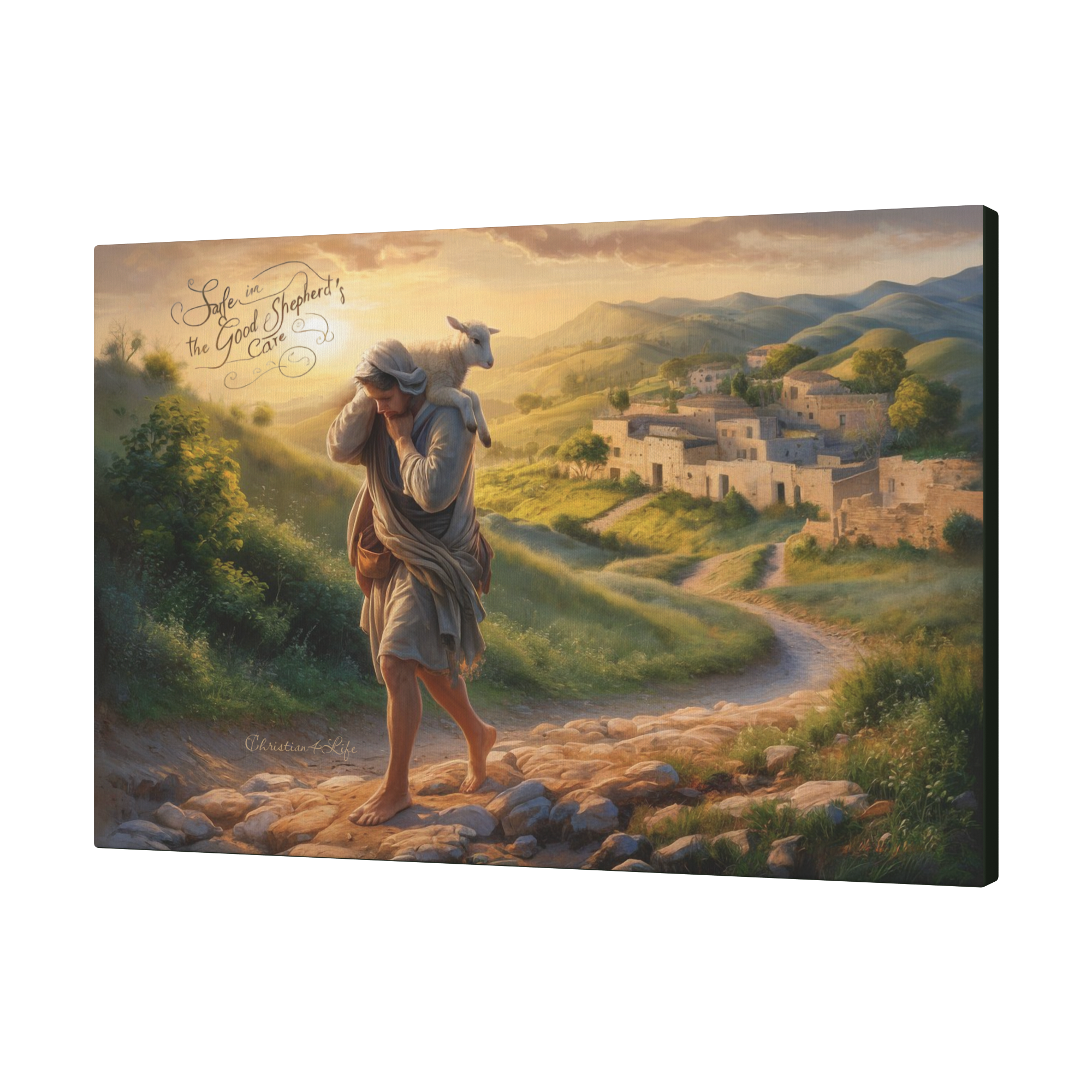 "Safe in the Good Shepherd's care" Gallery Wrapped Christian Wall Art Canvas (3:2)