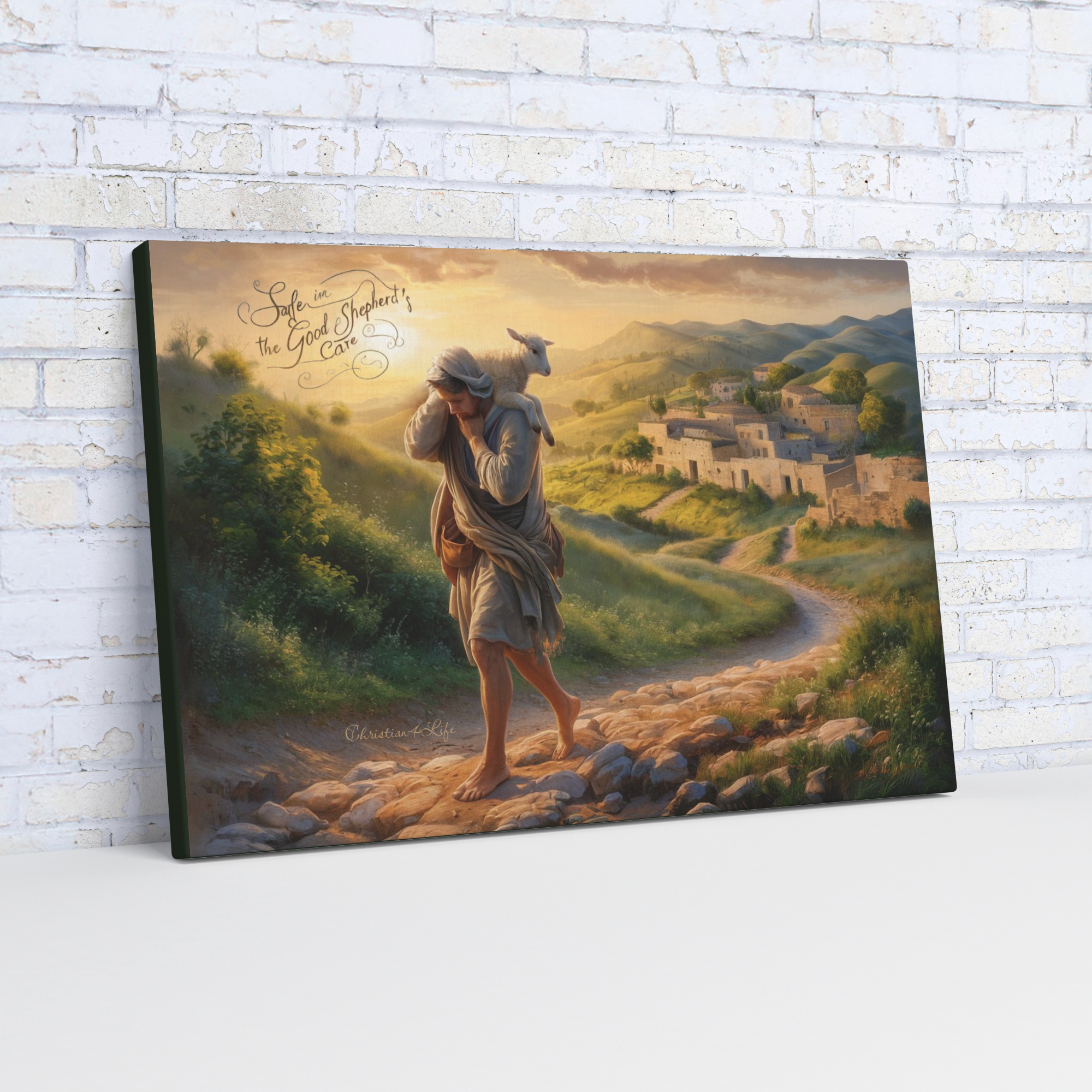 "Safe in the Good Shepherd's care" Gallery Wrapped Christian Wall Art Canvas (3:2)