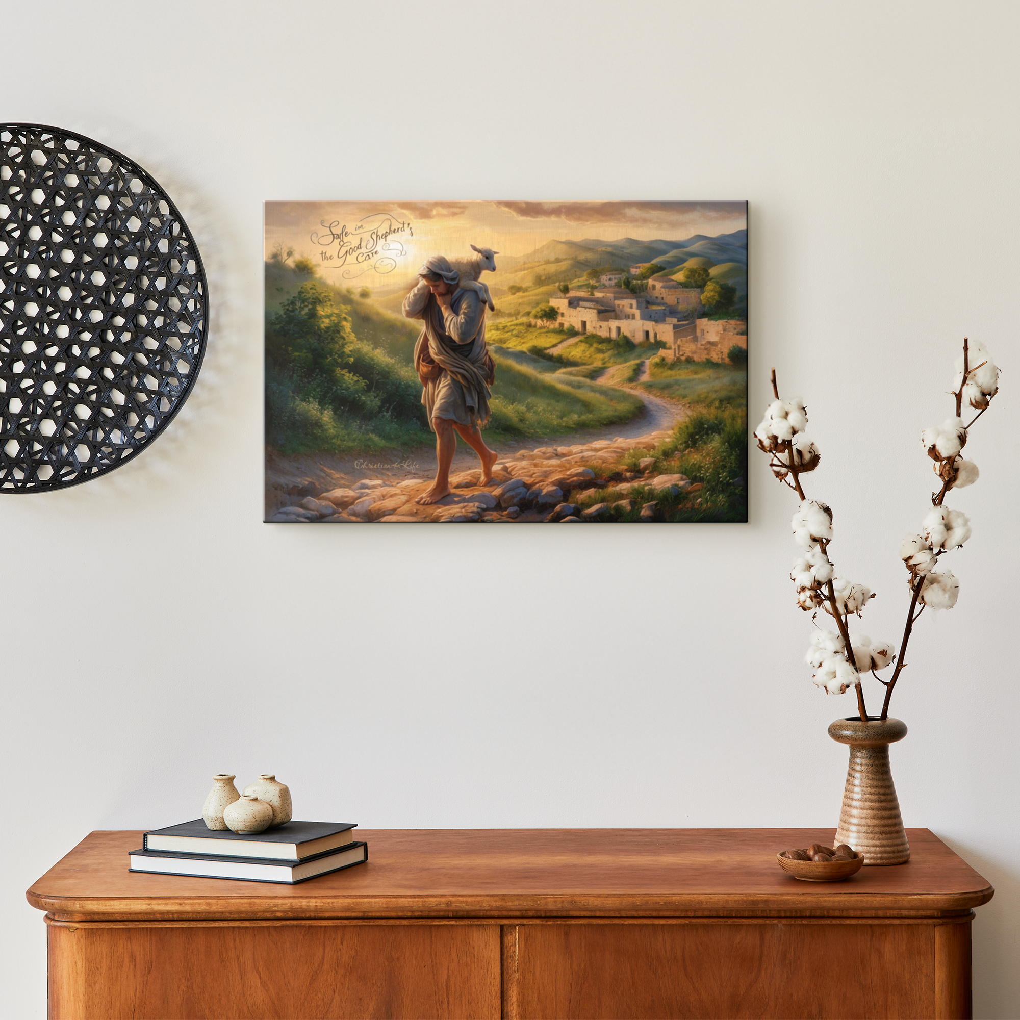 "Safe in the Good Shepherd's care" Gallery Wrapped Christian Wall Art Canvas (3:2)