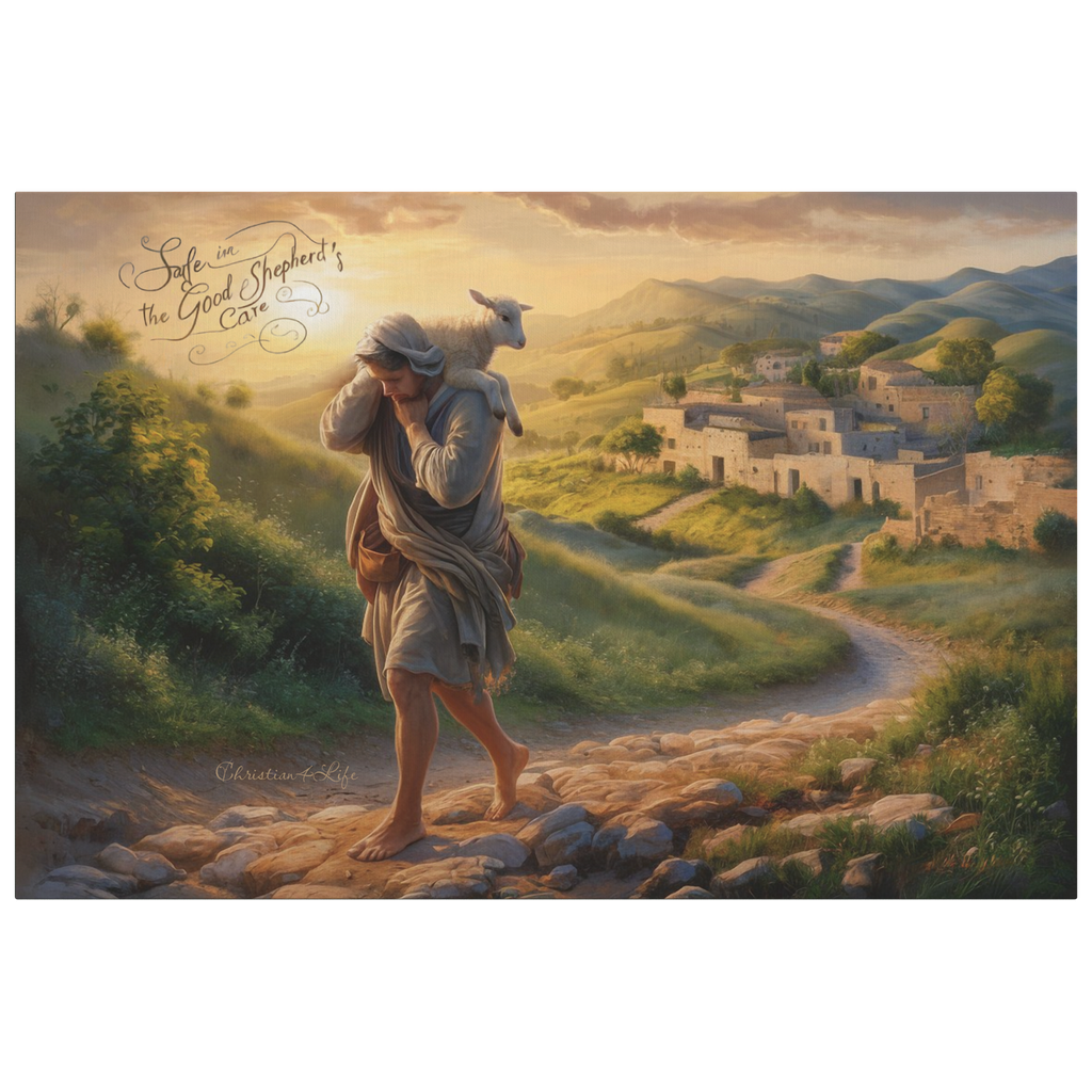 "Safe in the Good Shepherd's care" Gallery Wrapped Christian Wall Art Canvas (3:2)