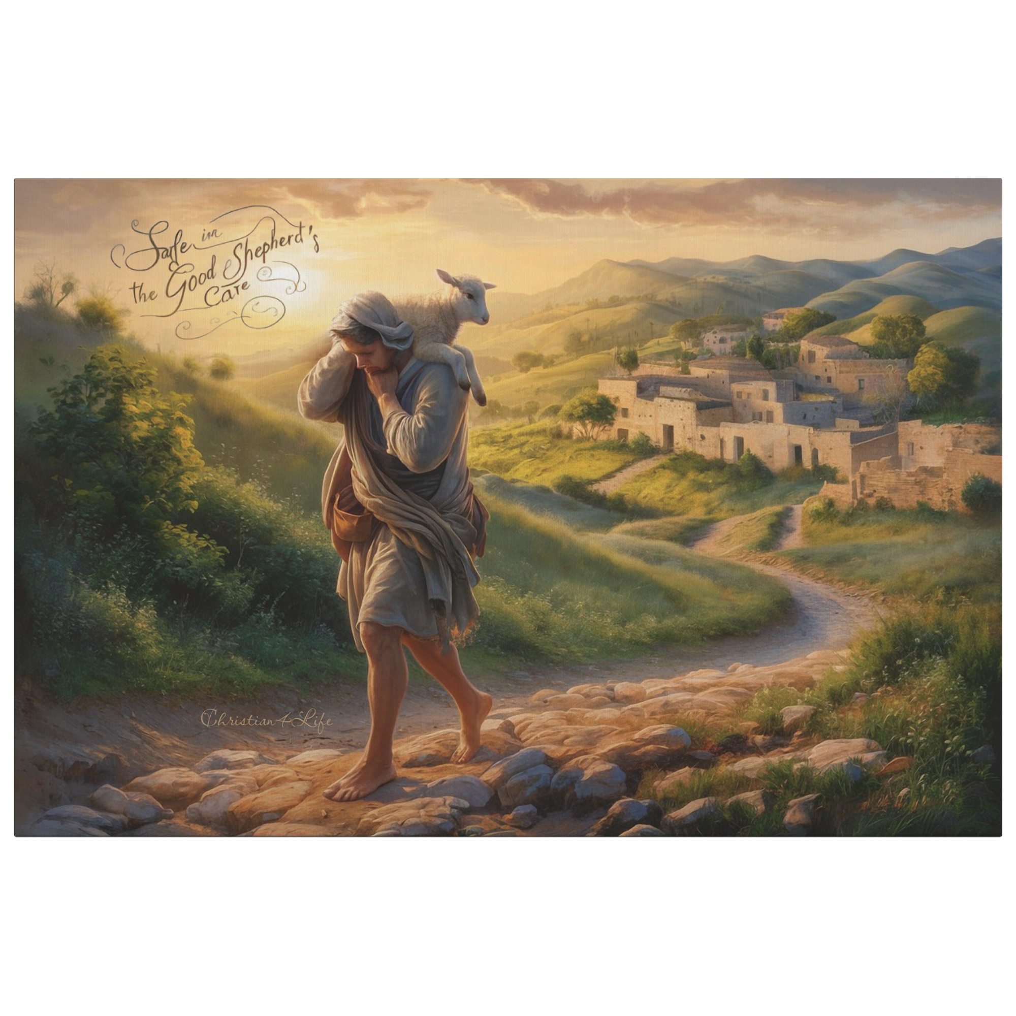"Safe in the Good Shepherd's care" Gallery Wrapped Christian Wall Art Canvas (3:2)