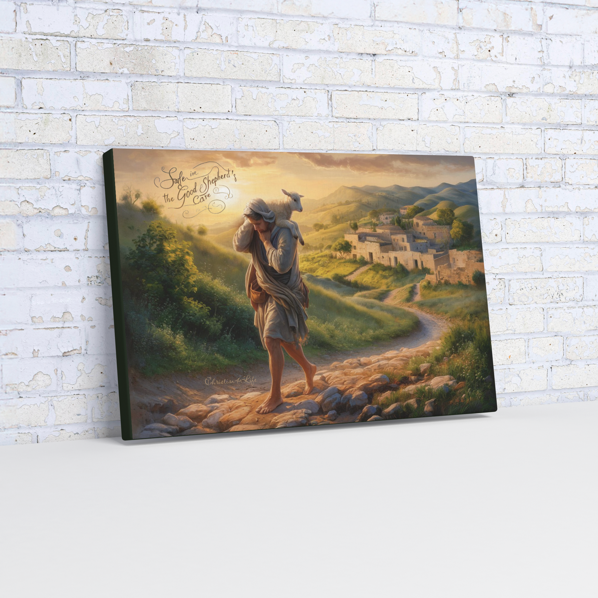 "Safe in the Good Shepherd's care" Gallery Wrapped Christian Wall Art Canvas (3:2)