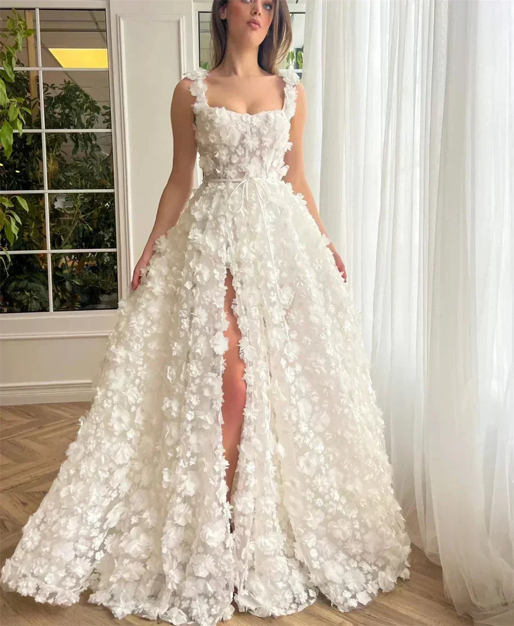 Kyoto Beige Wedding Dress | 3D Flower Lace-Up Back Gown -femstylo