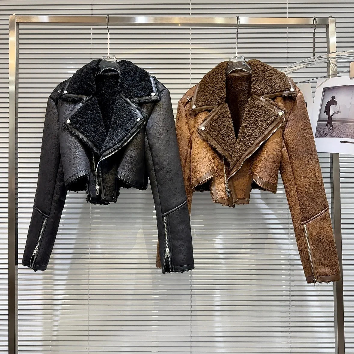 Faux-Leather Shearling Moto Jacket Cropped Winter Biker Coat