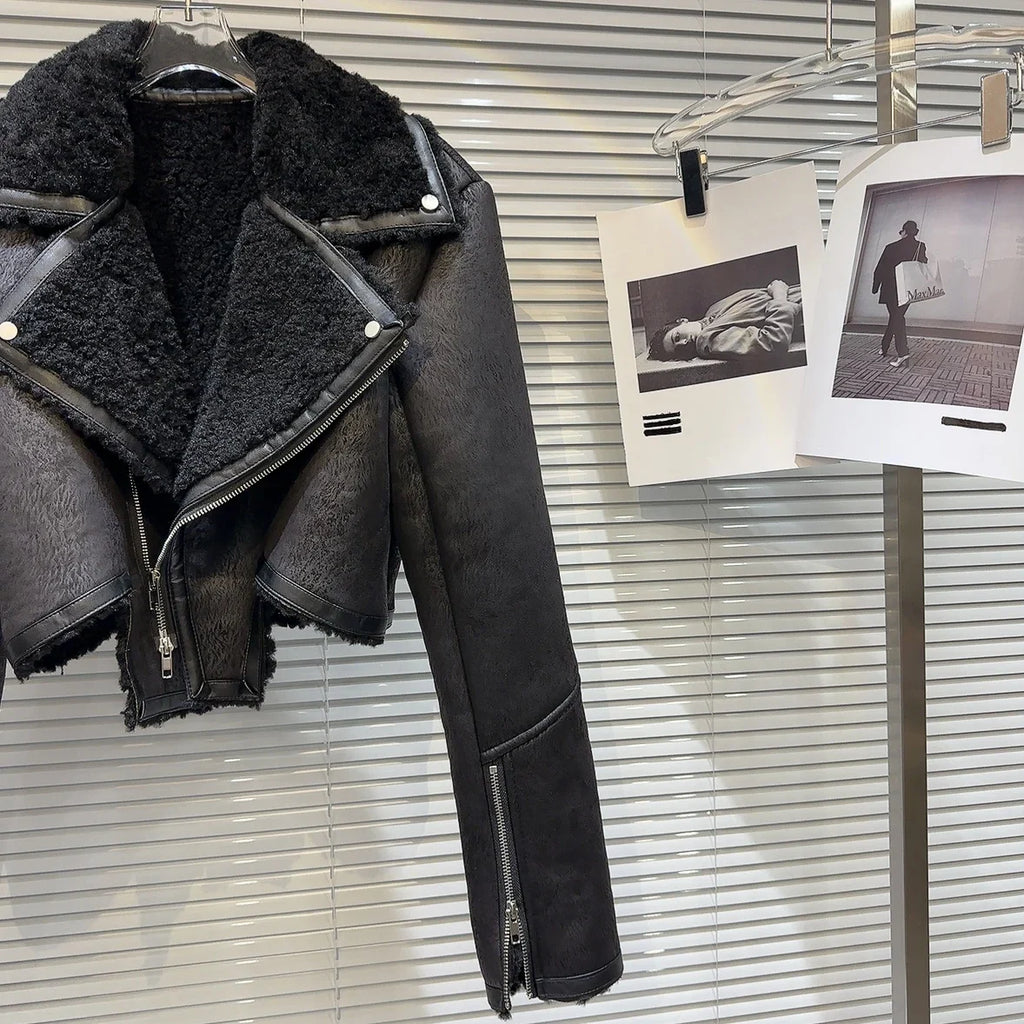 Faux-Leather Shearling Moto Jacket Cropped Winter Biker Coat