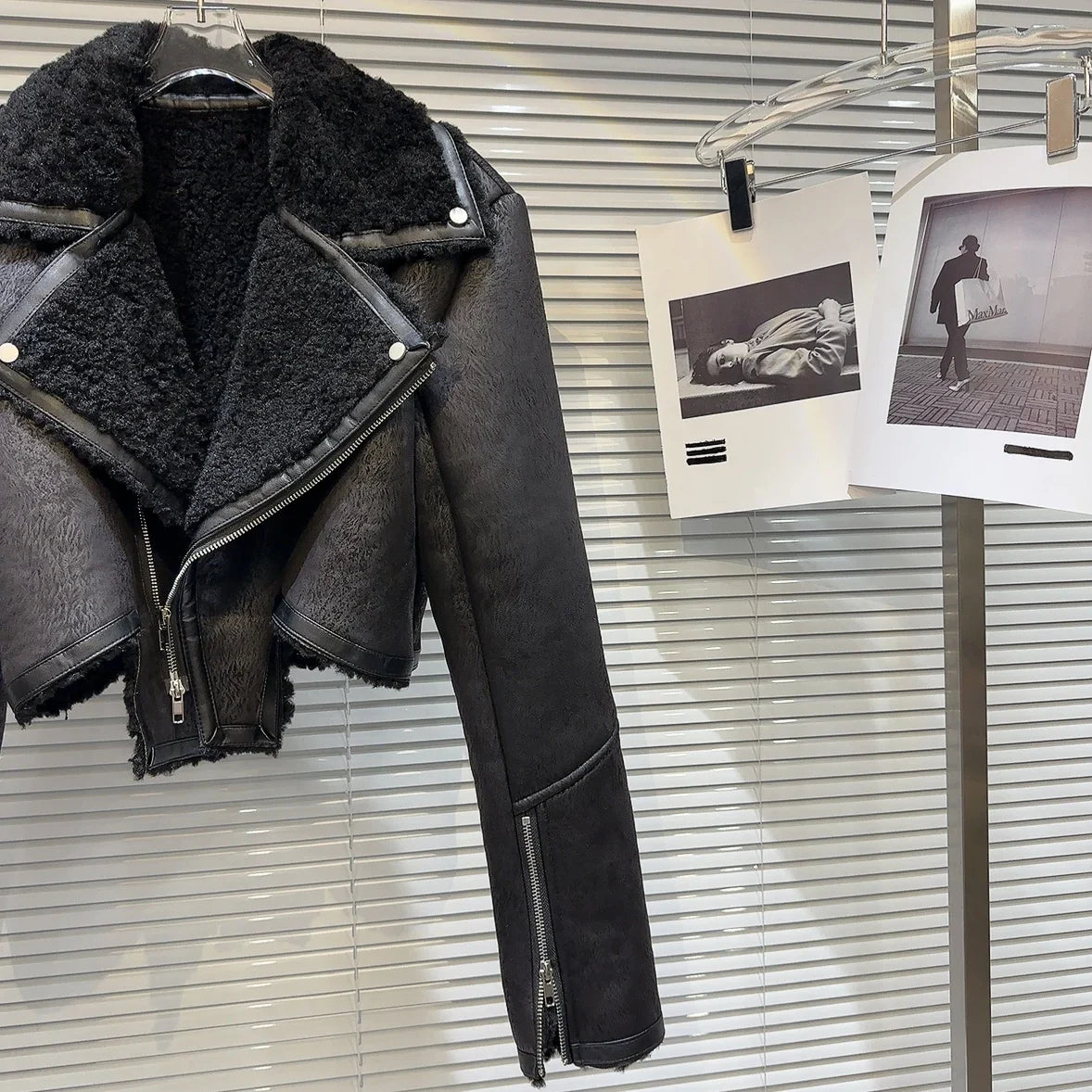 Faux-Leather Shearling Moto Jacket Cropped Winter Biker Coat