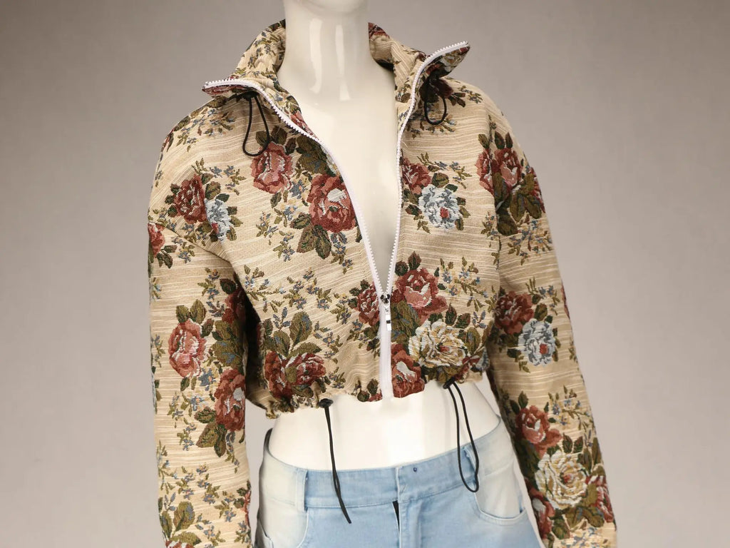 Floral Bomber Crop Jacket & Cargo Patchwork Wide-Leg Jean Set